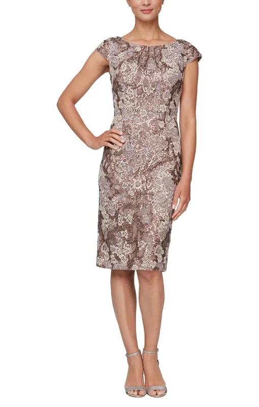 Short Embroidered Sheath Dress With Cap Sleeves and Sequin Detail sold by Alex Evenings