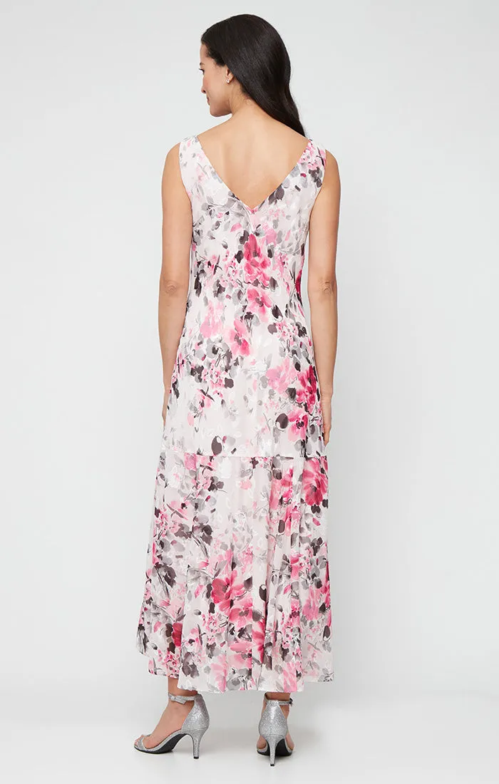 Tea-Length Floral Chiffon Cowl Neck Dress with High/Low Skirt and Shawl sold by Alex Evenings product image thumbnail 2
