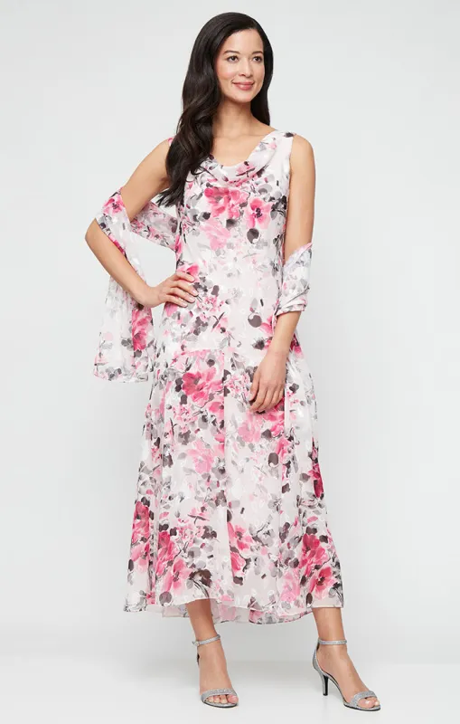 Tea-Length Floral Chiffon Cowl Neck Dress with High/Low Skirt and Shawl sold by Alex Evenings