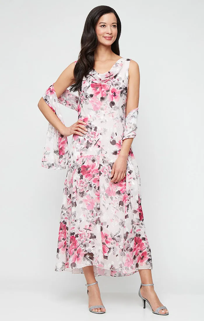 Tea-Length Floral Chiffon Cowl Neck Dress with High/Low Skirt and Shawl sold by Alex Evenings