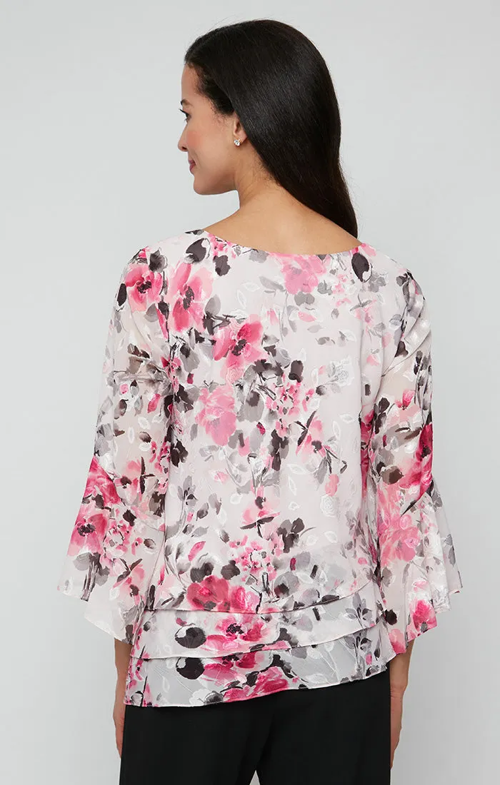 Printed Chiffon Burnout Blouse with Bell Sleeves and Asymmetric Triple Tier Hem sold by Alex Evenings product image thumbnail 2