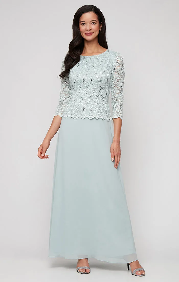 3/4 Sleeve Lace and Chiffon Gown with Scalloped Lace Detail sold by Alex Evenings