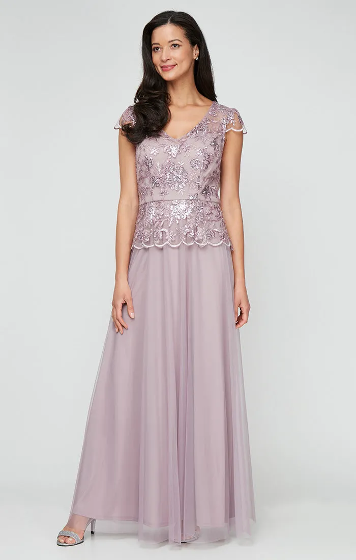 Long Embroidered Mock Dress with V-Neckline, Peplum Hem Bodice, Cap Sleeves and Tulle Skirt sold by Alex Evenings