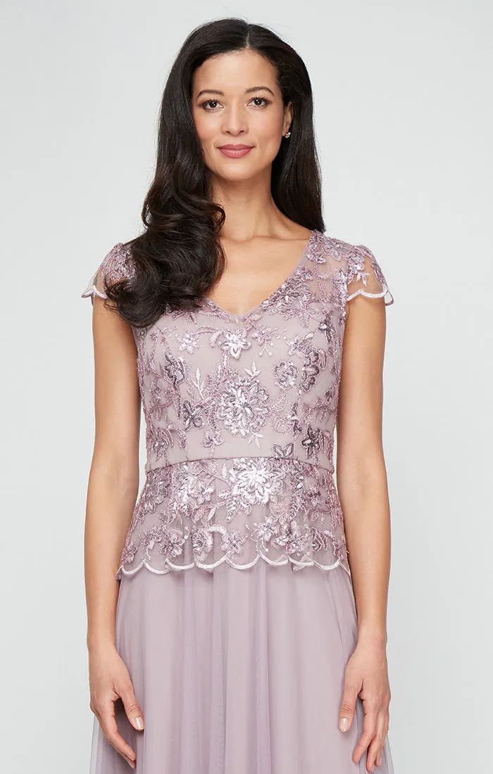 Long Embroidered Mock Dress with V-Neckline, Peplum Hem Bodice, Cap Sleeves and Tulle Skirt sold by Alex Evenings product image thumbnail 3