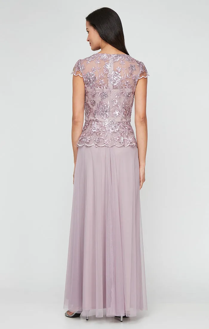 Long Embroidered Mock Dress with V-Neckline, Peplum Hem Bodice, Cap Sleeves and Tulle Skirt sold by Alex Evenings product image thumbnail 2