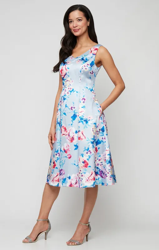 Midi Sleeveless Printed Stretch Faille A-Line Dress with V-Neckline made by Alex Evenings