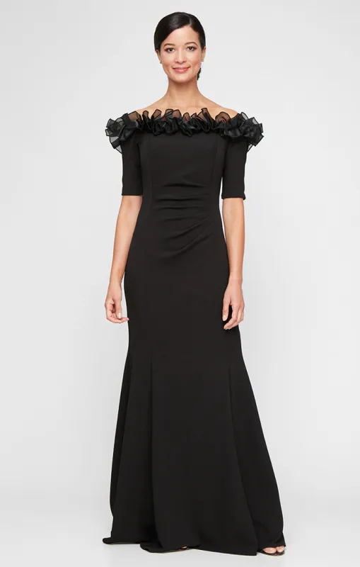 *Long Stretch Crepe Off the Shoulder Dress with Organza Ruffle Neckline Detail sold by Alex Evenings