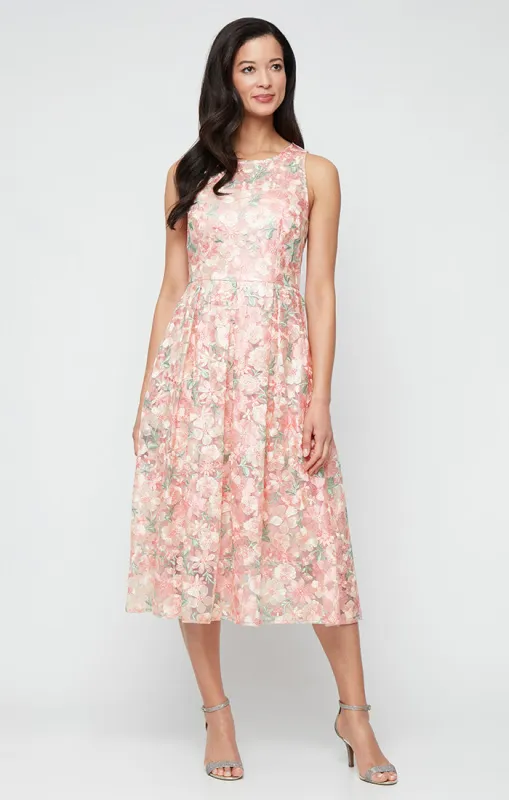 Sleeveless Midi Embroidered A-Line Dress with Illusion Neckline sold by Alex Evenings