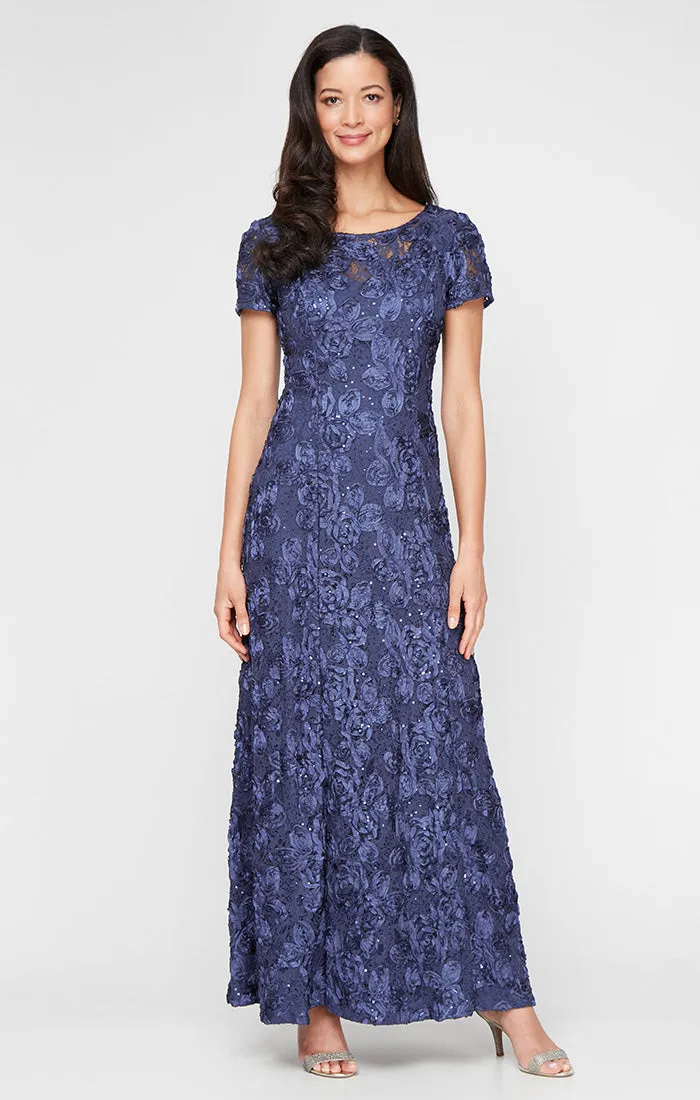 Rosette A-Line Gown with Sequin Detail & Short Illusion Sleeves sold by Alex Evenings