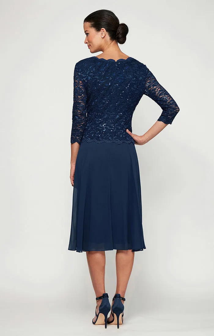 Petite Tea-Length Dress with Sequin Lace Bodice & Chiffon Skirt sold by Alex Evenings product image thumbnail 2