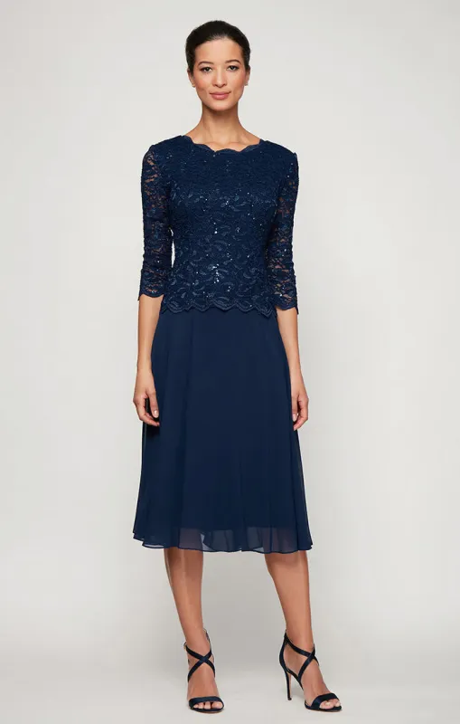 Petite Tea-Length Dress with Sequin Lace Bodice & Chiffon Skirt sold by Alex Evenings
