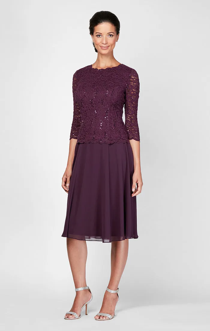 Tea-Length Dress with Sequin Lace Bodice & Chiffon Skirt sold by Alex Evenings product image thumbnail 3