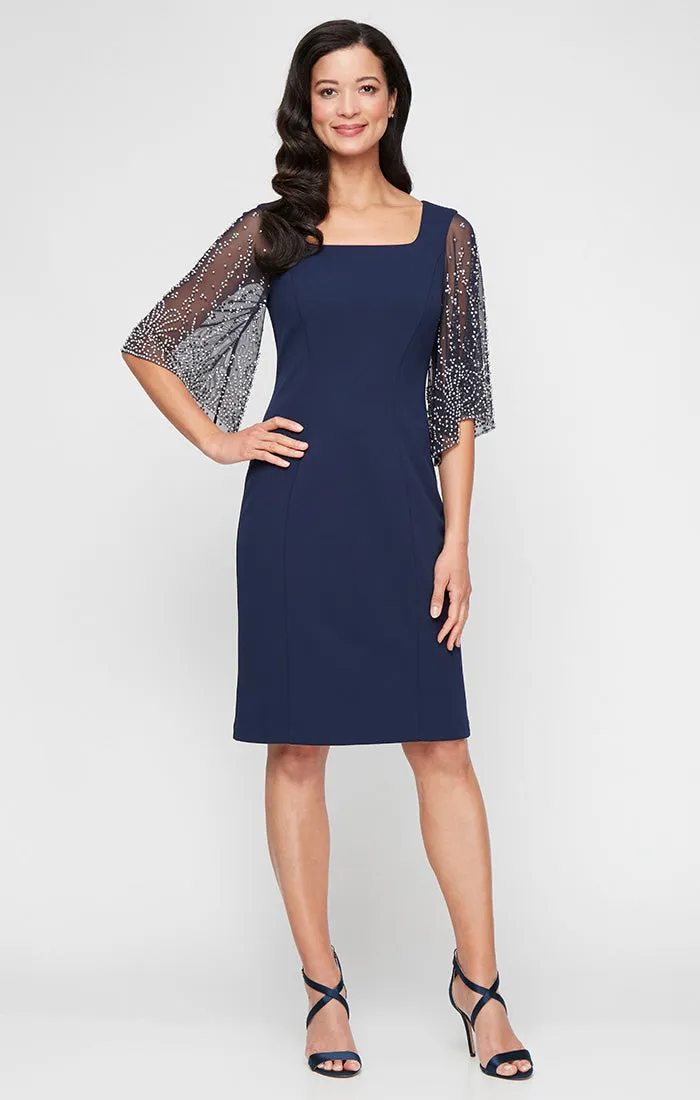 Petite Short Stretch Crepe Sheath Dress with Square Neckline and Heat Set Illusion Sleeves sold by Alex Evenings