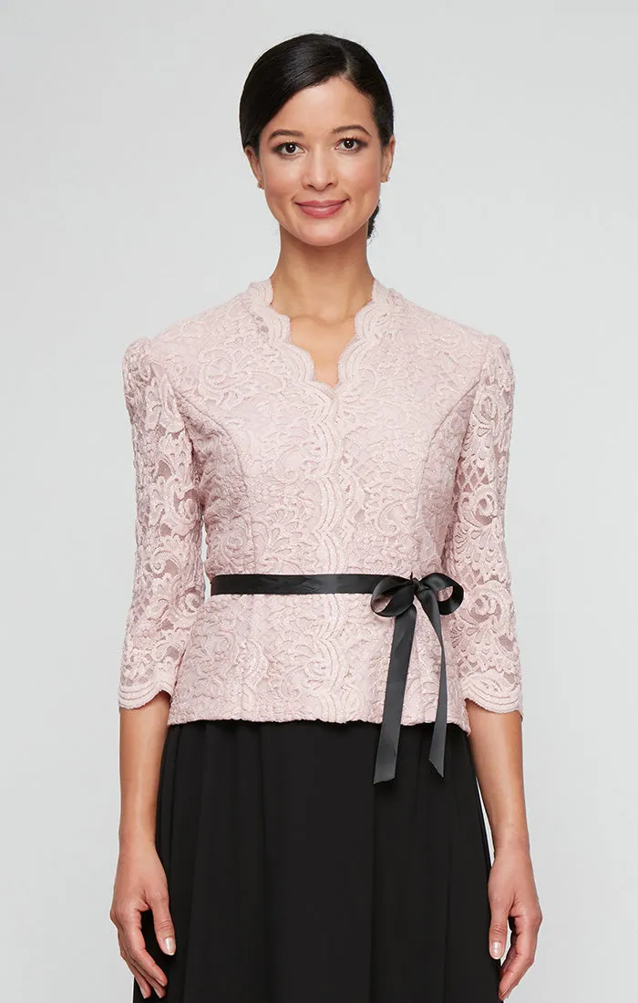 3/4 Sleeve Blouse with Scallop Front Detail and Tie Belt sold by Alex Evenings