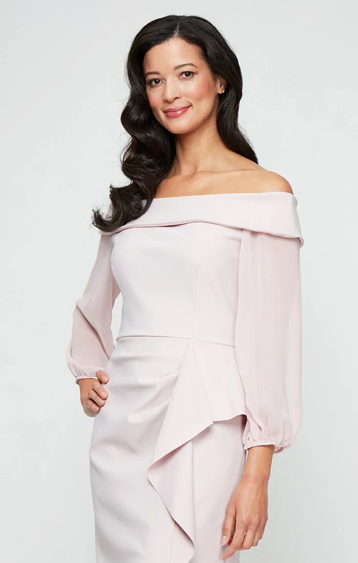 Off-the-Shoulder Dress with Sheer Chiffon Sleeves, Cascade Ruffle Skirt and Front Slit sold by Alex Evenings product image thumbnail 3