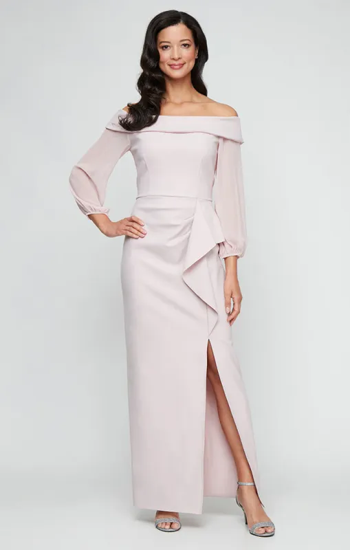 Off-the-Shoulder Dress with Sheer Chiffon Sleeves, Cascade Ruffle Skirt and Front Slit sold by Alex Evenings