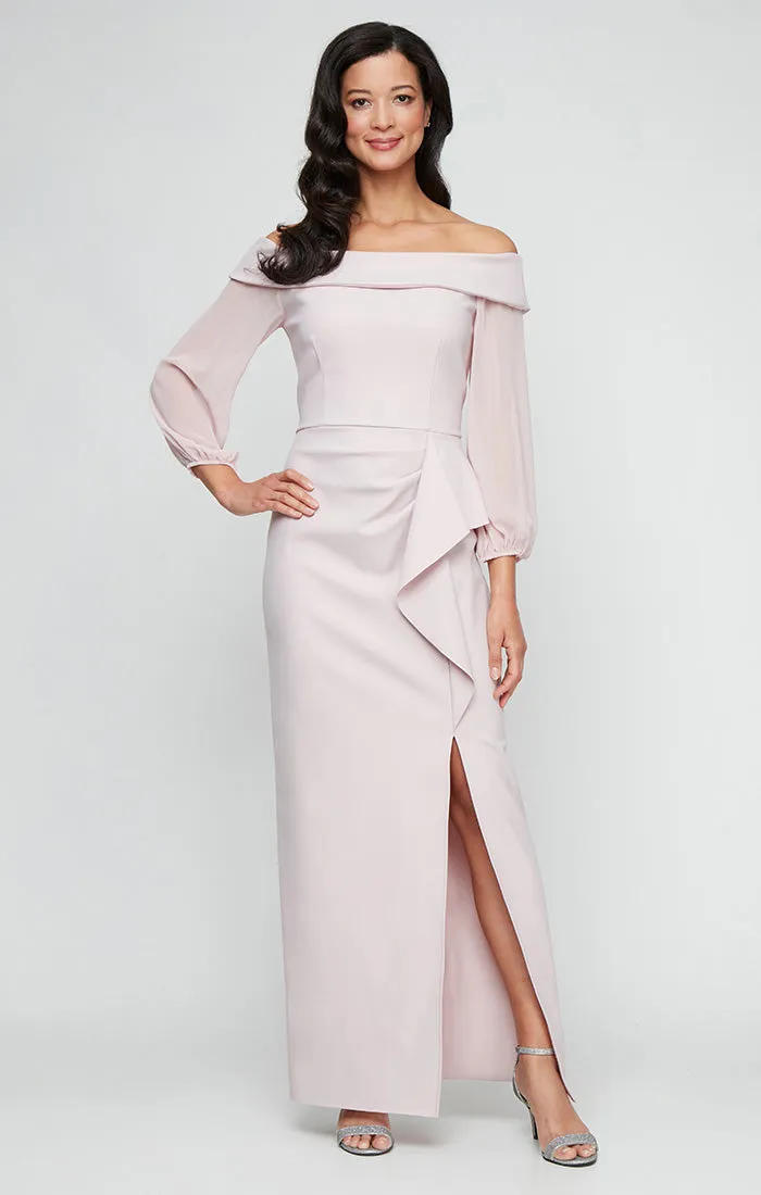 Off-the-Shoulder Dress with Sheer Chiffon Sleeves, Cascade Ruffle Skirt and Front Slit sold by Alex Evenings