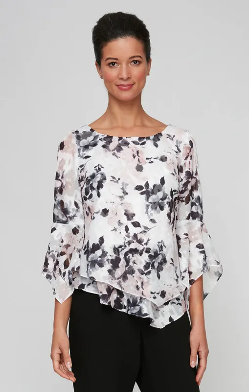 Petite 3/4 Sleeve Printed Blouse With Asymmetric Tiered Hem and Pointed Hem Sleeves sold by Alex Evenings