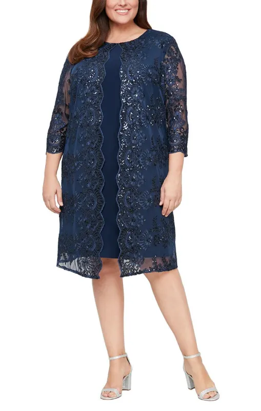 Plus Short Embroidered Mock Jacket Dress with Attached Sequin Detail Jacket and Solid Underlay Dress sold by Alex Evenings