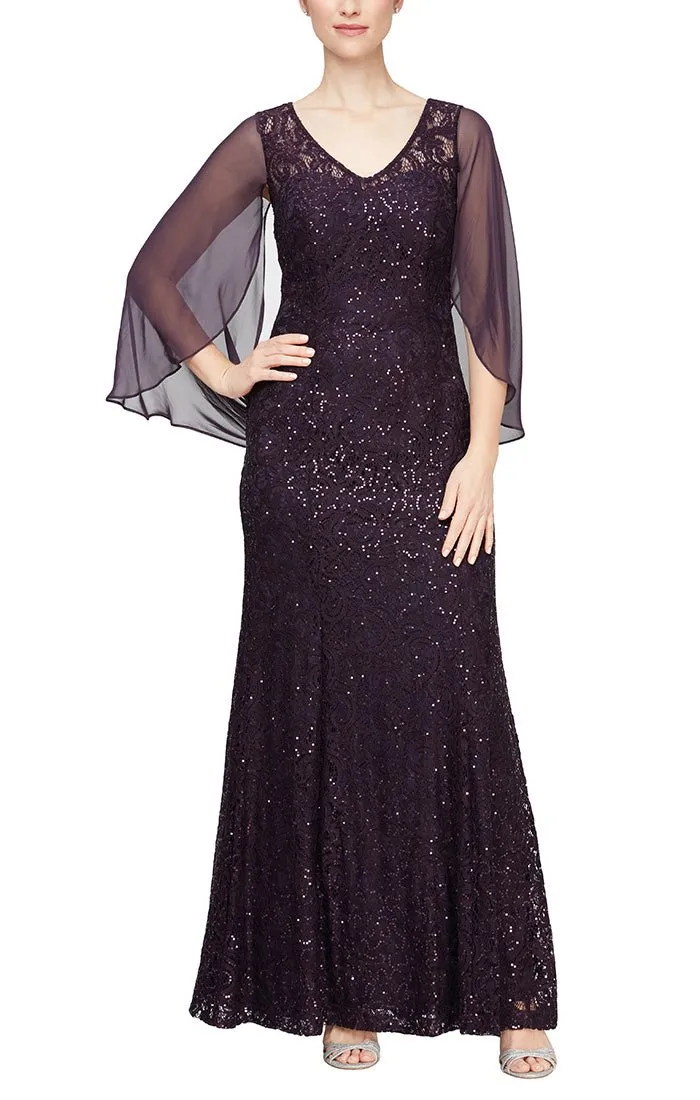 Regular - Long Sequin Lace V-Neck Gown with Attached Chiffon Cape with Draped Back sold by Alex Evenings