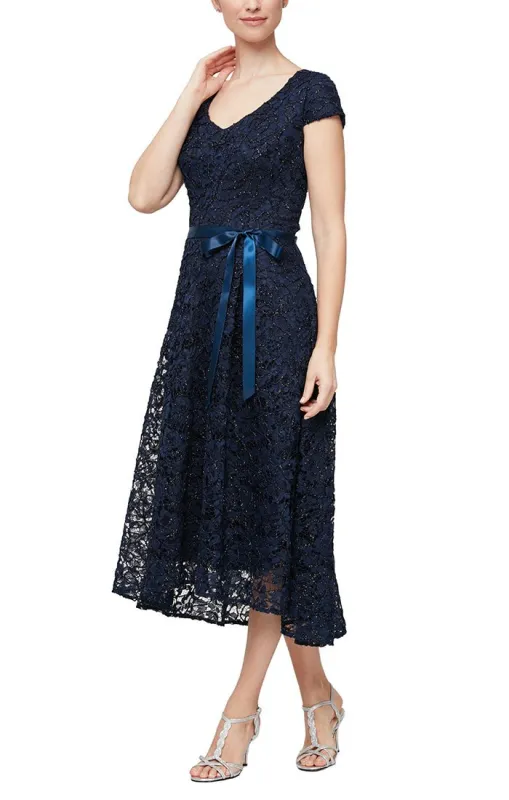 Regular - Cap Sleeve V-Neck Cocktail Dress with High/Low Hem Skirt & Tie Belt sold by Alex Evenings