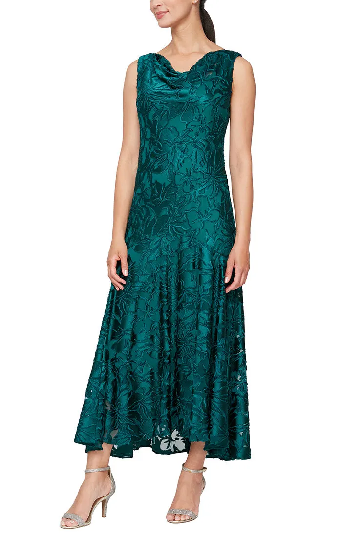 Tea-Length Sleeveless Burnout Chiffon Cowl Neckline Dress sold by Alex Evenings