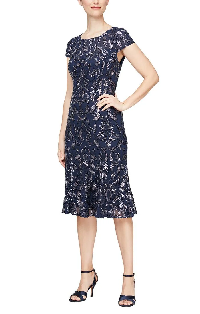 Regular - Sequin Fit & Flare Dress with Illusion Neckline & Flounce Hem Detail sold by Alex Evenings