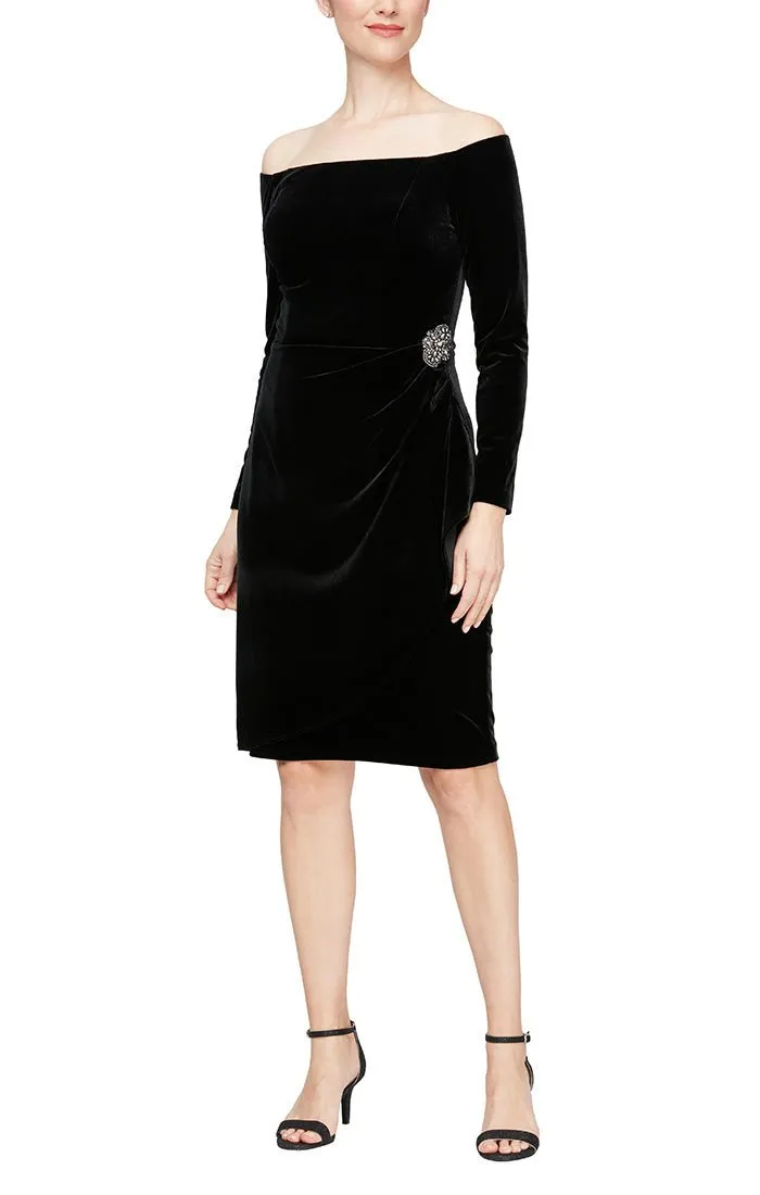 Regular - Velvet Off the Shoulder Sheath Dress with Embellishment at Hip and Cascade Detail Skirt sold by Alex Evenings