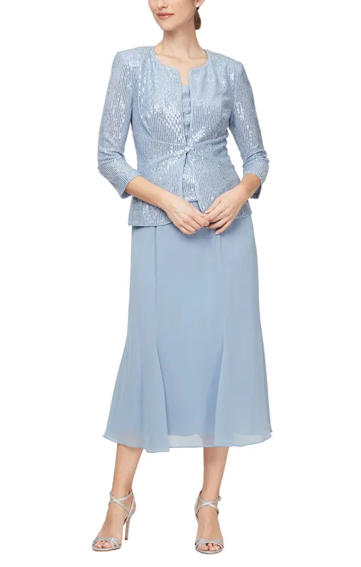 Tea Length Mock Jacket Dress with Square Neckline, Button Front Jacket and Flounce Detail Skirt sold by Alex Evenings