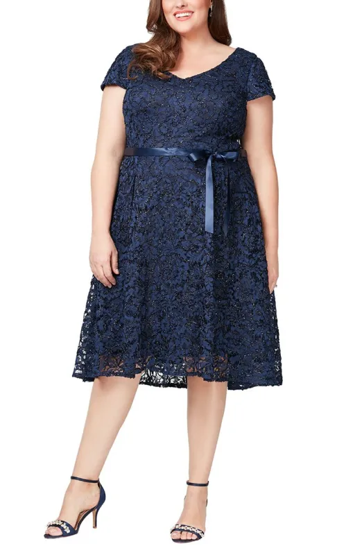 Plus - Cap Sleeve V-Neck Cocktail Dress with High/Low Hem Skirt & Tie Belt made by Alex Evenings