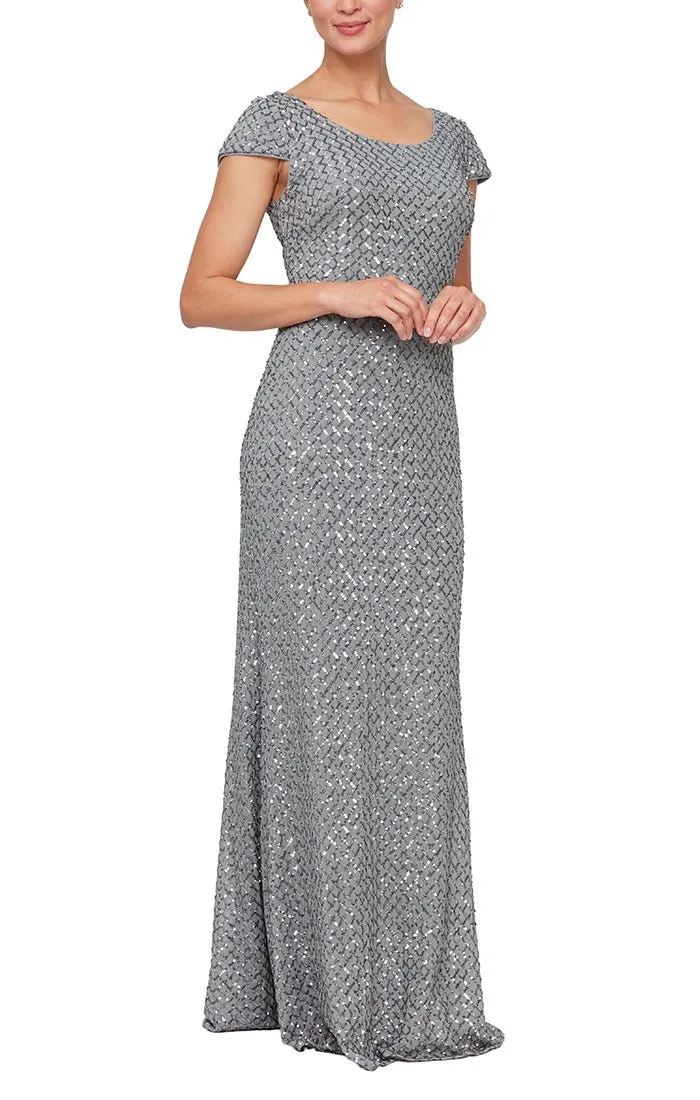 Regular - Long Fit & Flare Scoop Neck Sequin Gown with Cap Sleeves sold by Alex Evenings