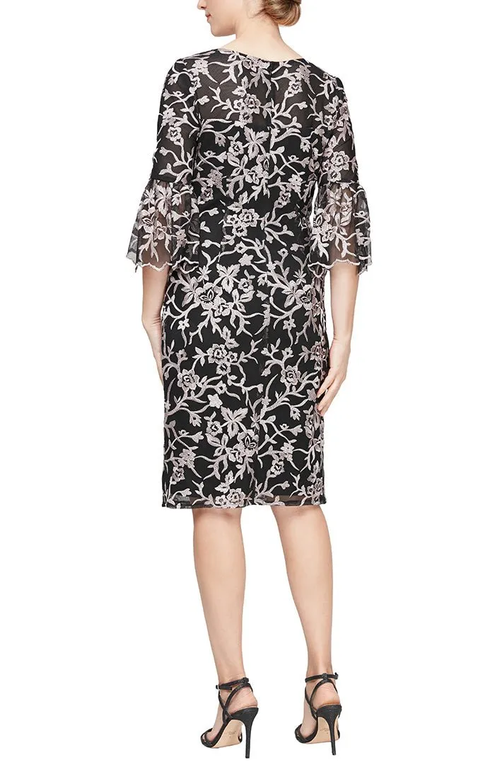 Short Embroidered Sheath Dress with Illusion Neckline & Bell Sleeves sold by Alex Evenings product image thumbnail 2