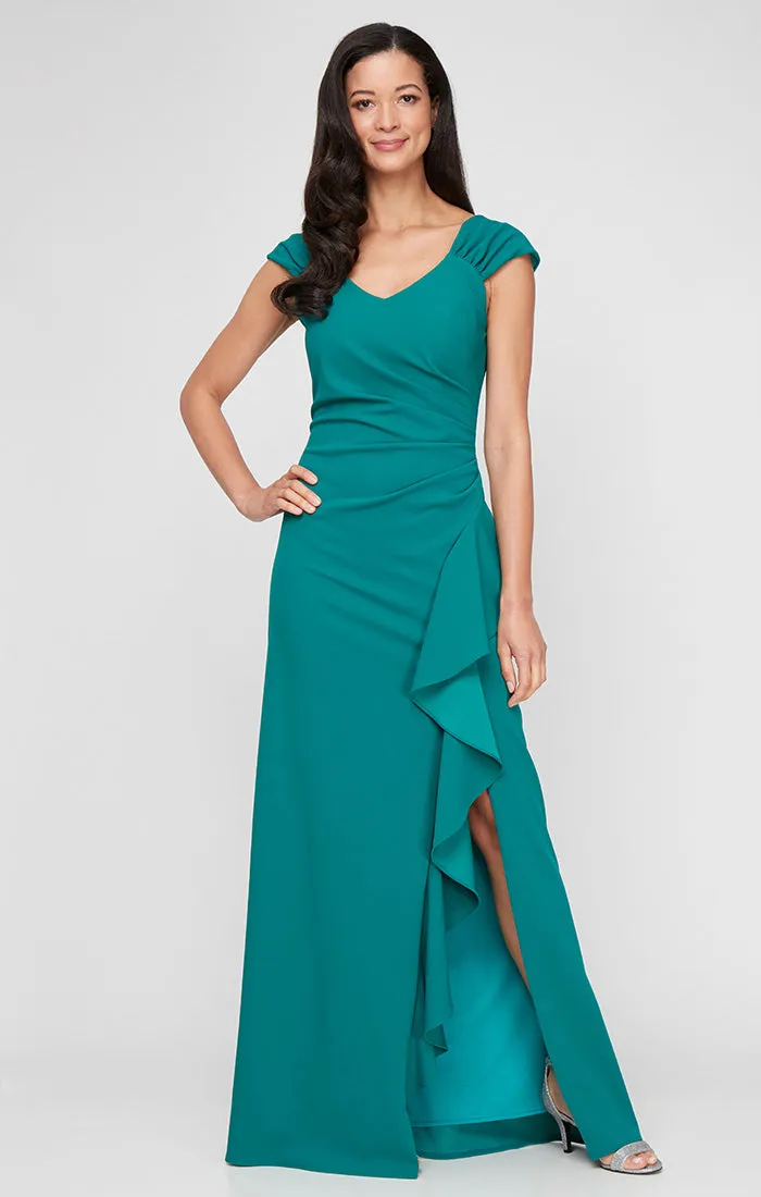 Plus Long Stretch Crepe Dress with Ruched Strap Detail and Cascade Skirt sold by Alex Evenings