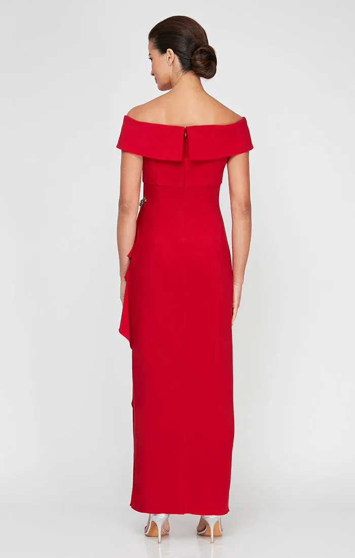 Regular - Long Off-the-Shoulder Matte Jersey Dress with Foldover Cuff, Embellishment Detail at Hip and Cascade Ruffle Skirt sold by Alex Evenings product image thumbnail 2