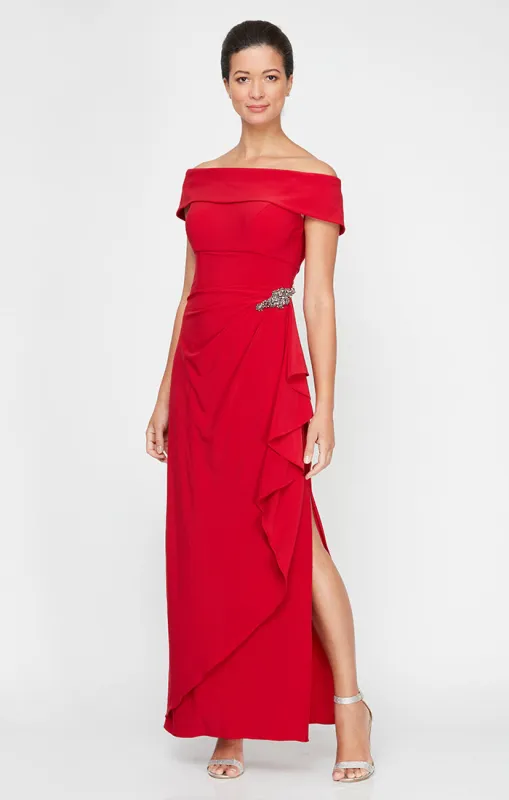 Regular - Long Off-the-Shoulder Matte Jersey Dress with Foldover Cuff, Embellishment Detail at Hip and Cascade Ruffle Skirt sold by Alex Evenings