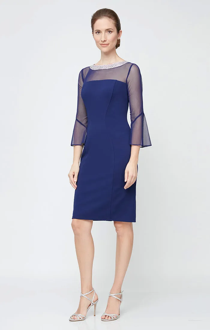 Petite - Sheath Crepe Cocktail Dress with Beaded Illusion Neckline & Bell Sleeves sold by Alex Evenings