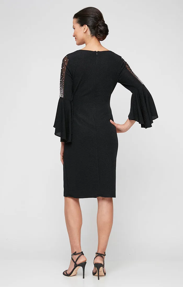 Regular - Short Sheath Metallic Knit Cocktail Dress with Embellished Illusion Bell Sleeves sold by Alex Evenings product image thumbnail 2