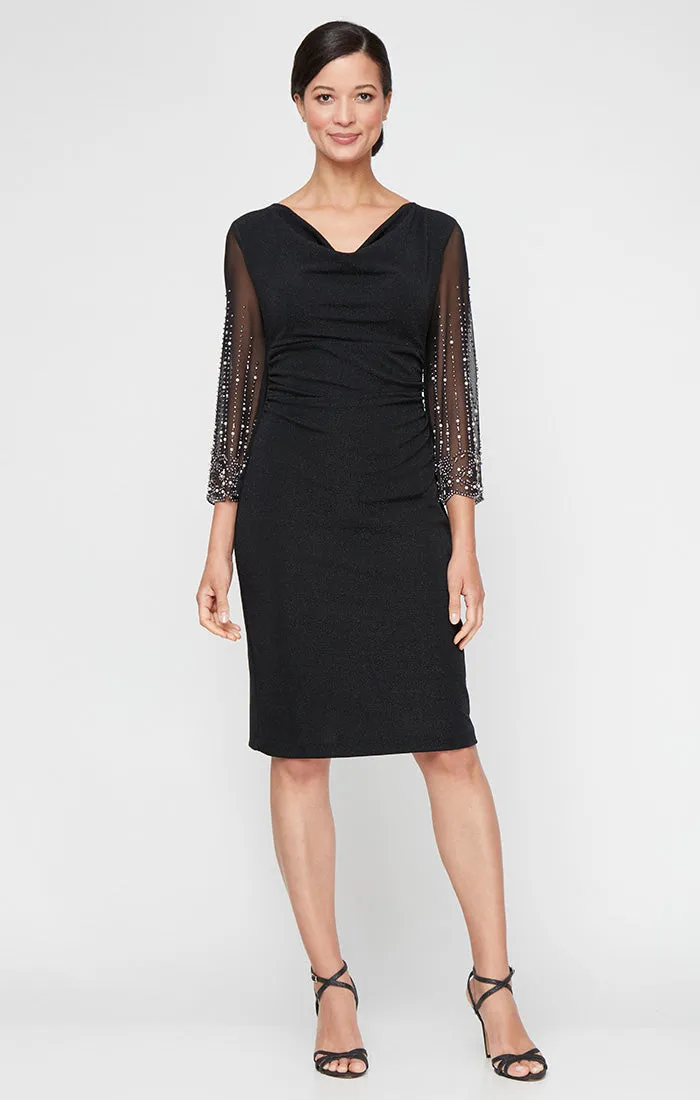 Regular - Short Cowl Neck Sheath Dress with Heat Set Illusion Sleeves sold by Alex Evenings