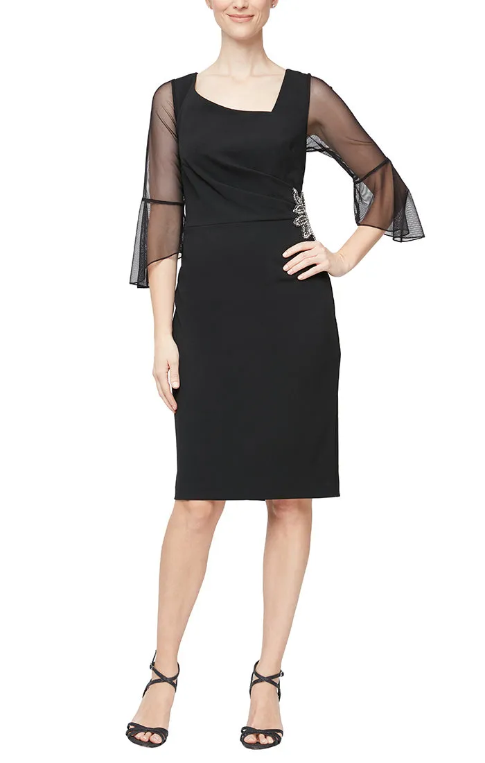 Plus - Short Sheath Crepe Cocktail Dress with L-Shaped Neckline, Illusion Bell Sleeves & Embellishment Detail at Hip sold by Alex Evenings