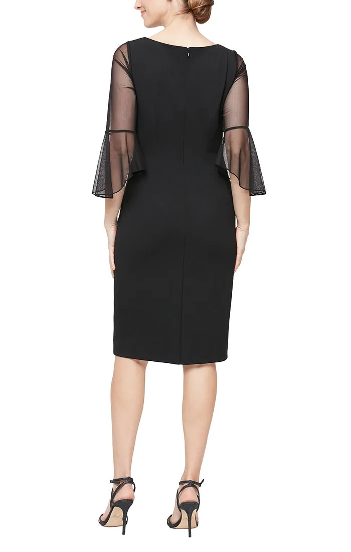 Plus - Short Sheath Crepe Cocktail Dress with L-Shaped Neckline, Illusion Bell Sleeves & Embellishment Detail at Hip sold by Alex Evenings product image thumbnail 2