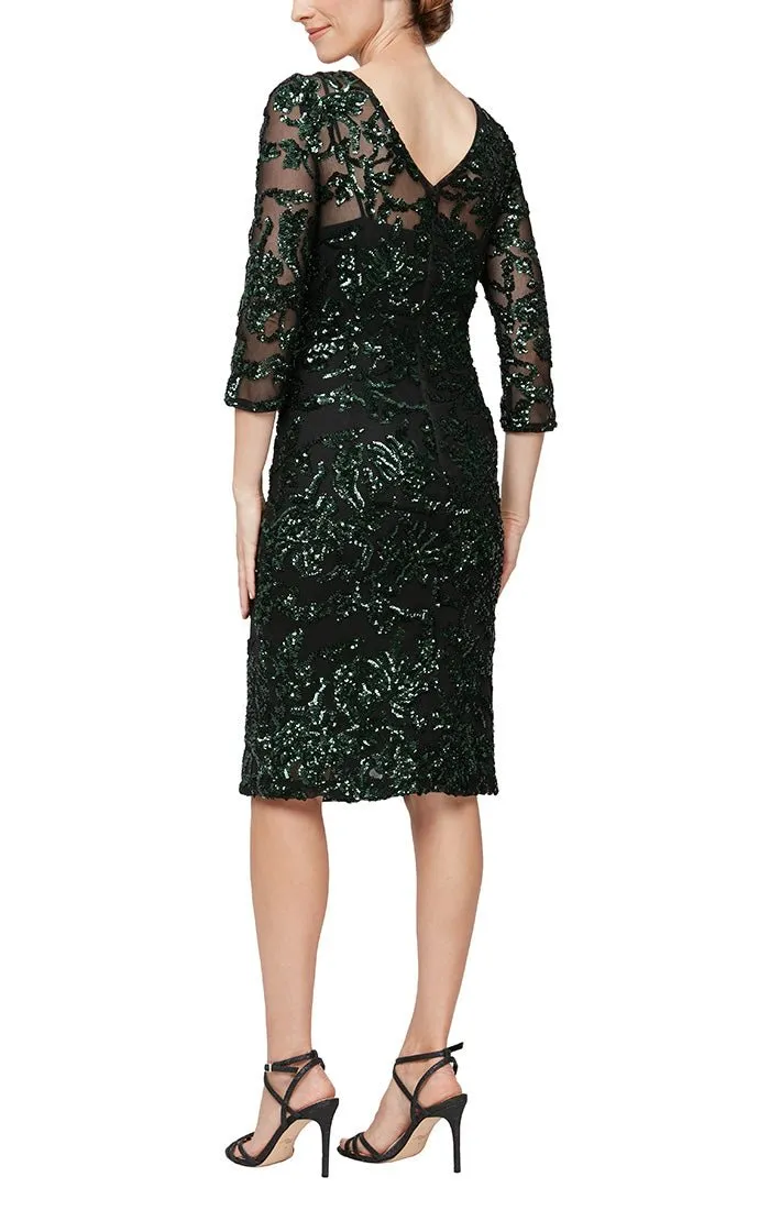 Regular - Short V-Neck Sheath Dress With Illusion Neckline and 3/4 Sleeves sold by Alex Evenings product image thumbnail 2