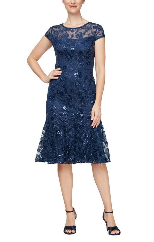Regular - Short Embroidered Cap Sleeve Dress with Illusion Neckline & Flounce Detail Skirt sold by Alex Evenings