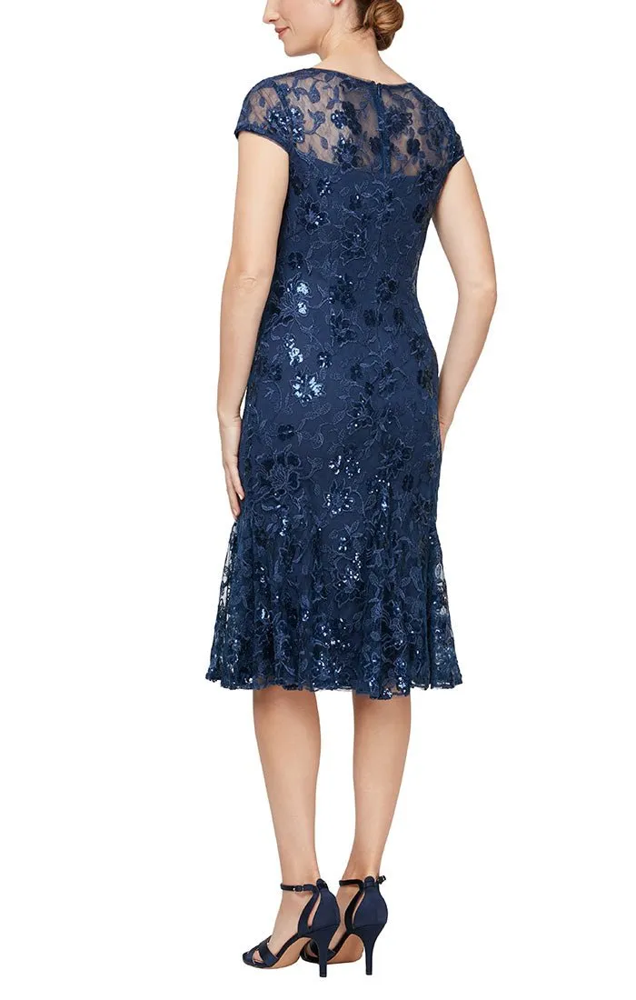 Regular - Short Embroidered Cap Sleeve Dress with Illusion Neckline & Flounce Detail Skirt sold by Alex Evenings product image thumbnail 2