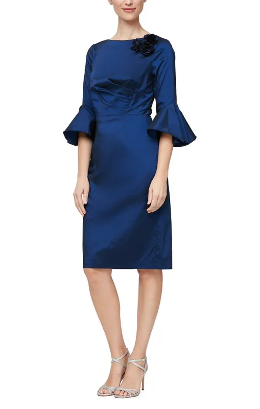 Regular - Short Sheath Dress with Floral Detail at Shoulder and Bell Sleeves made by Alex Evenings