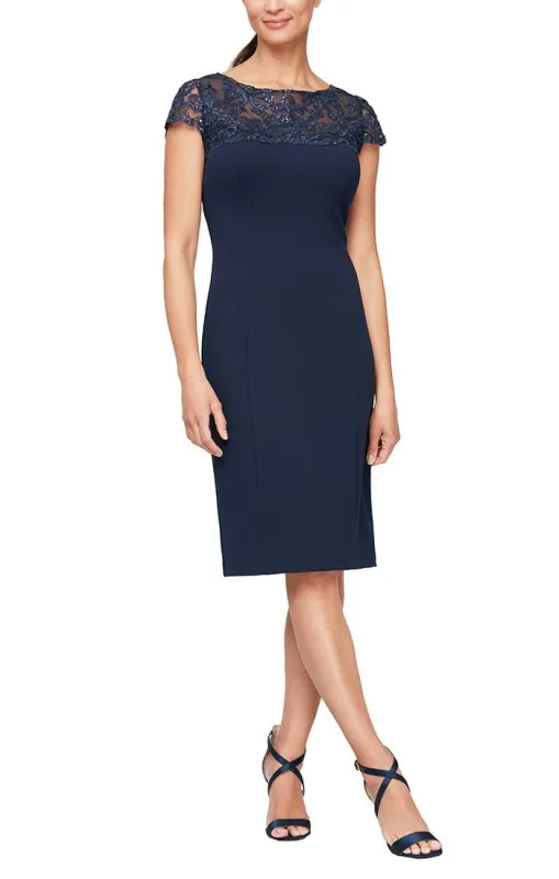 Regular - Sheath Dress with Embroidered Illusion Neckline and Cap Sleeves sold by Alex Evenings