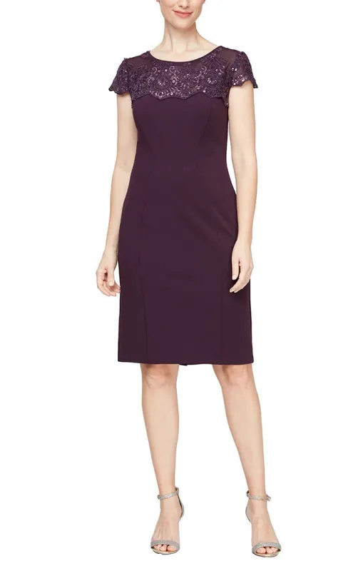 Regular - Cap Sleeve Sheath Dress with Embroidered Illusion Neckline sold by Alex Evenings