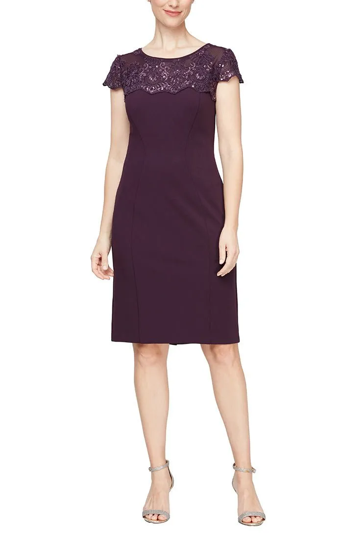 Regular - Cap Sleeve Sheath Dress with Embroidered Illusion Neckline sold by Alex Evenings