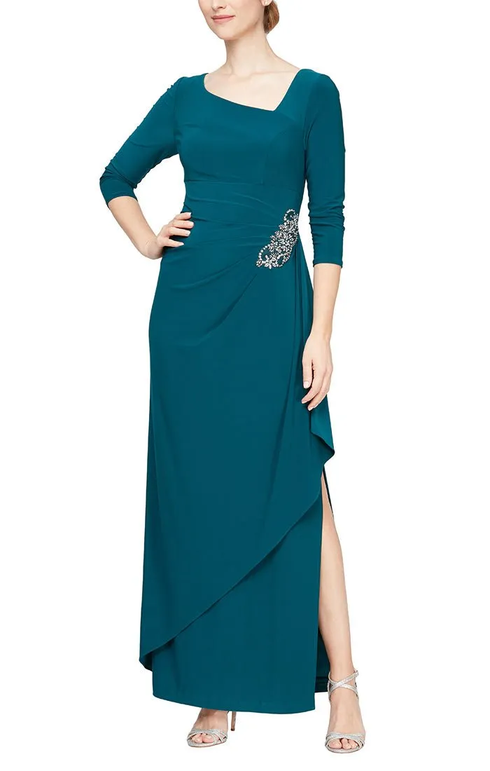 Regular - L-Neck Dress with Side Ruched Cascade Detail Skirt sold by Alex Evenings