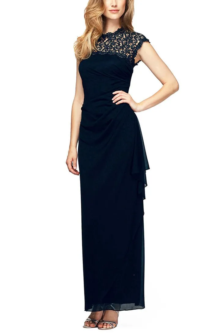 Regular - Mesh Dress with Metallic Lace Neckline & Side Ruching Detail sold by Alex Evenings