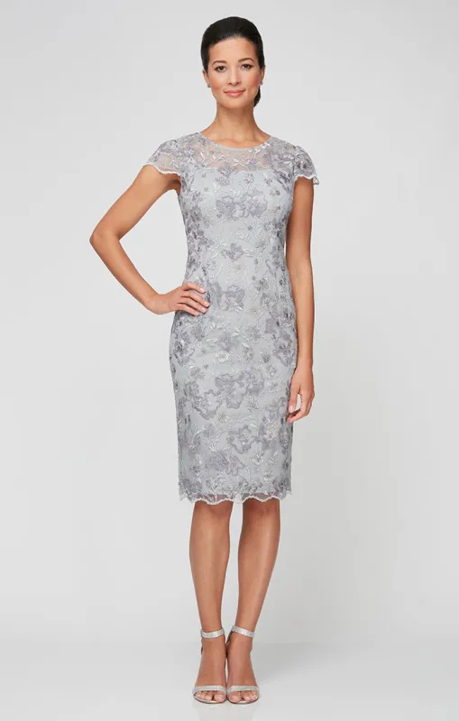 Short Embroidered Sheath Dress with Illusion Neckline, Short Sleeves and Scallop Detail sold by Alex Evenings